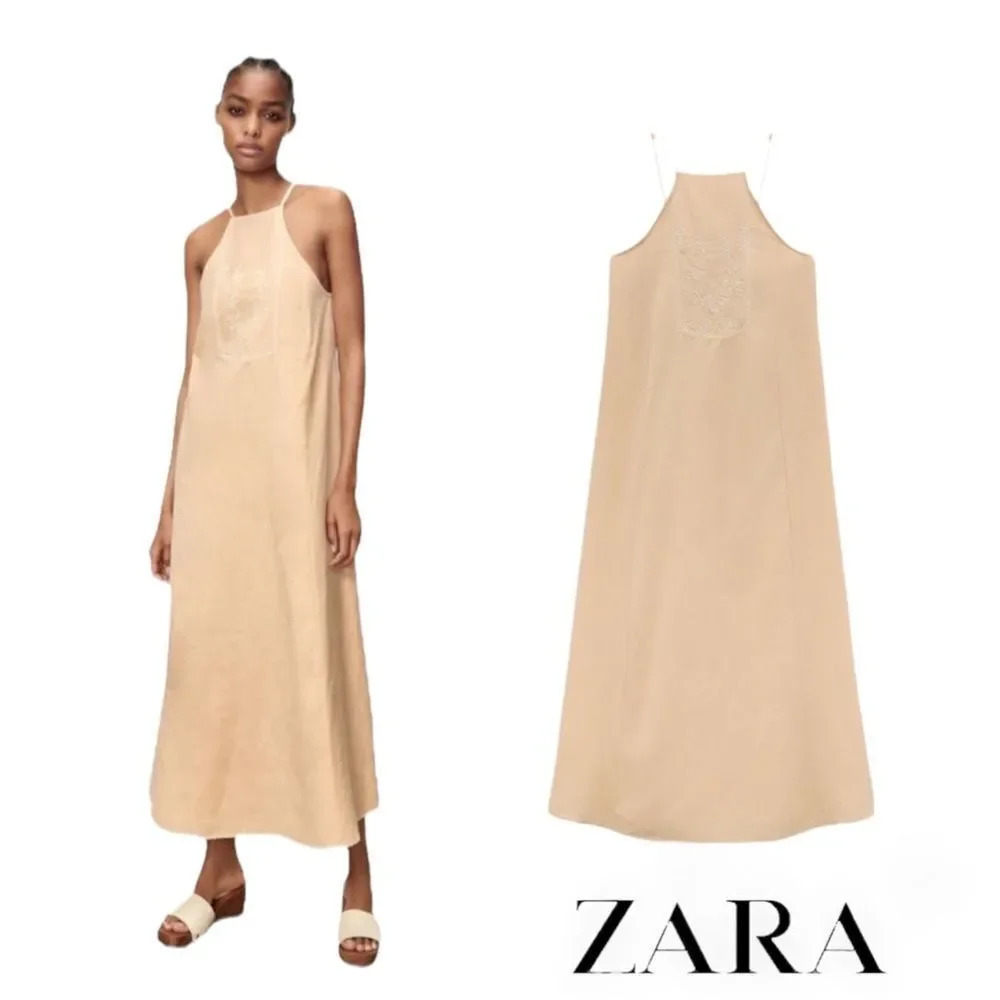 ZARA Beige Pink Embroidered Linen Blend Halter Midi Dress Size S NWT 7200/114